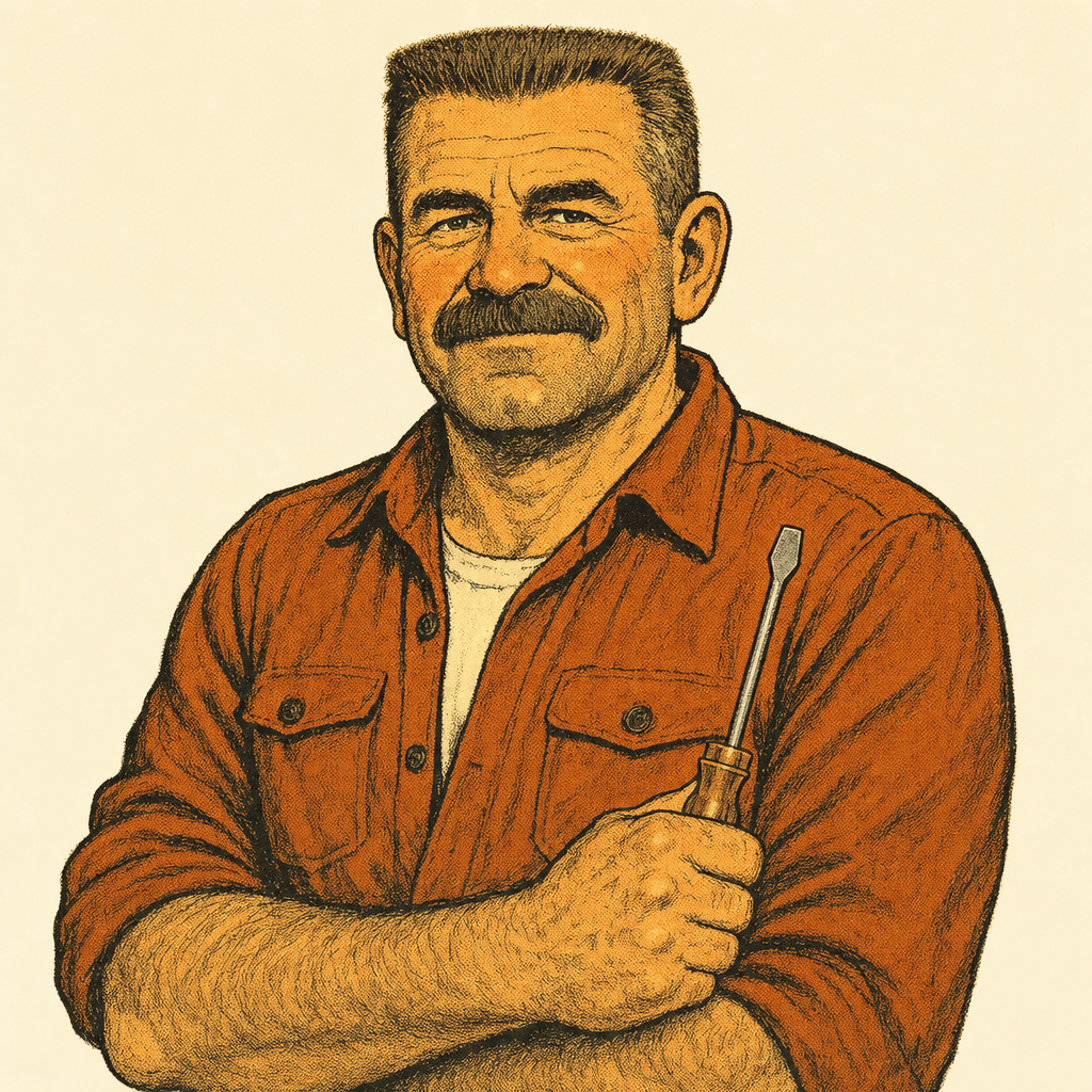 Big Ron, flat-top haircut and thick forearms, holding the good screwdriver