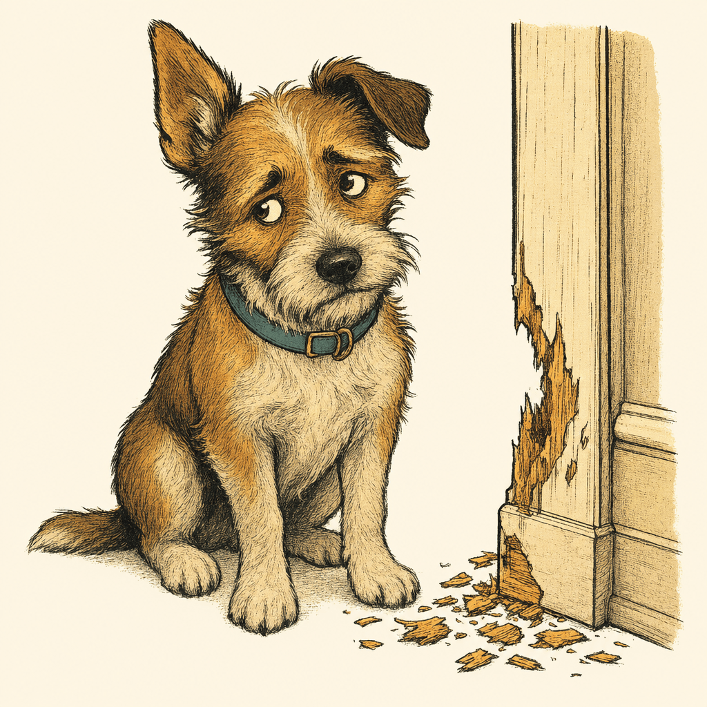 Biscuit the terrier sitting guiltily beside a chewed corner of door trim