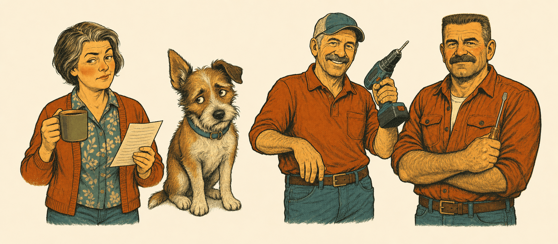 The cast, left to right: Deb with her coffee and the list, Biscuit looking guilty, Gary with a drill, and Big Ron with the good screwdriver