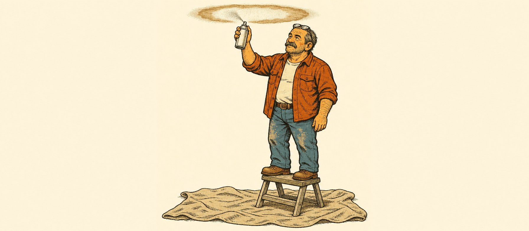 Marty on a step stool looking up at a brown water-stain ring on the ceiling, holding a can of stain-blocking primer
