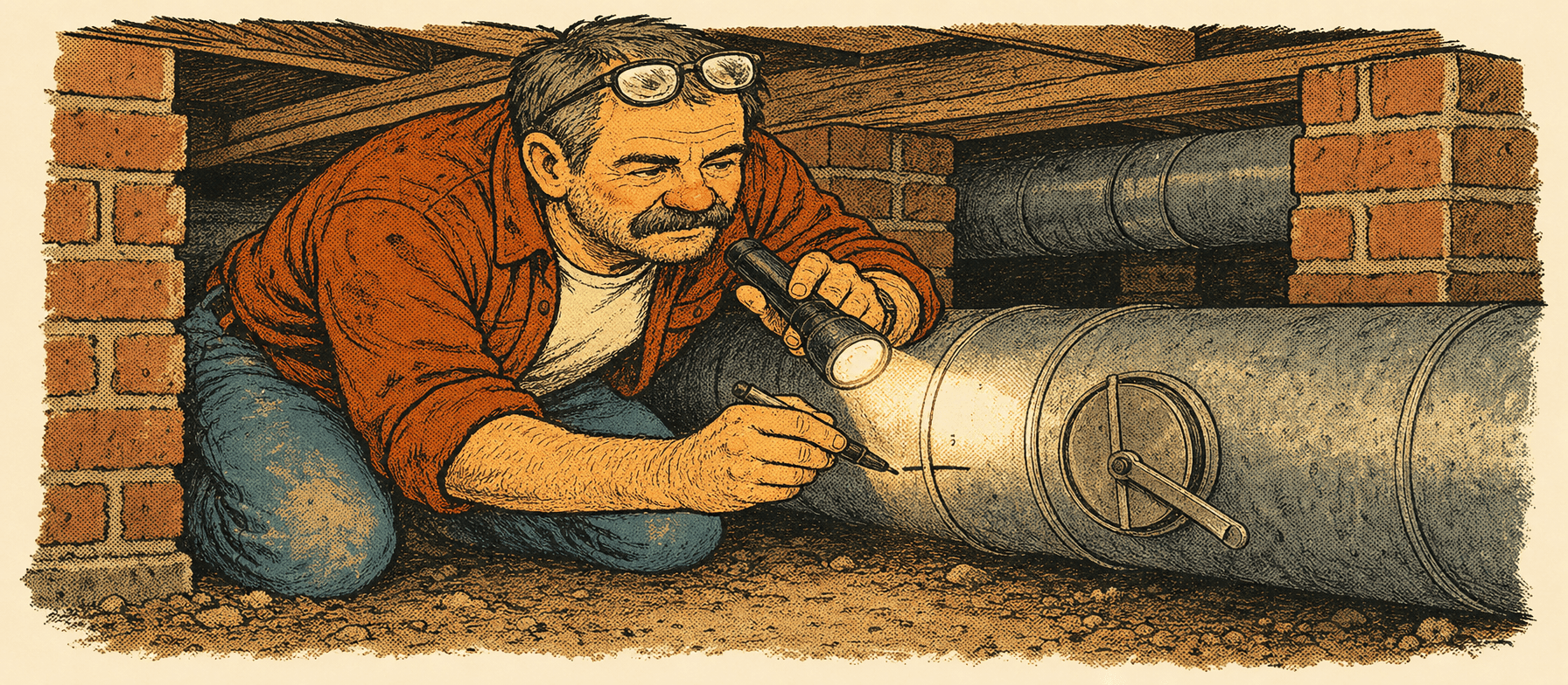 Marty crouched in the crawlspace, flashlight on the duct, marking the damper position with a marker