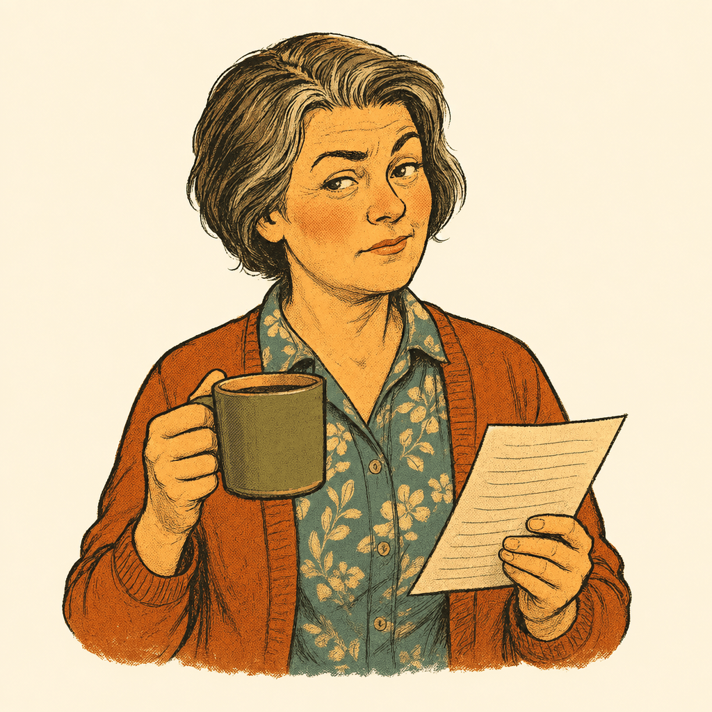 Deb with a coffee mug in one hand and the list in the other, one eyebrow raised