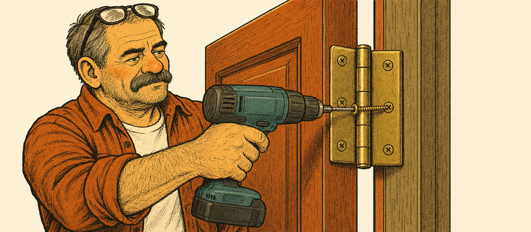 Marty kneeling at the open back door, driving a 3 inch screw through the hinge into the jamb with his drill, the pilot bit and box of screws on the floor