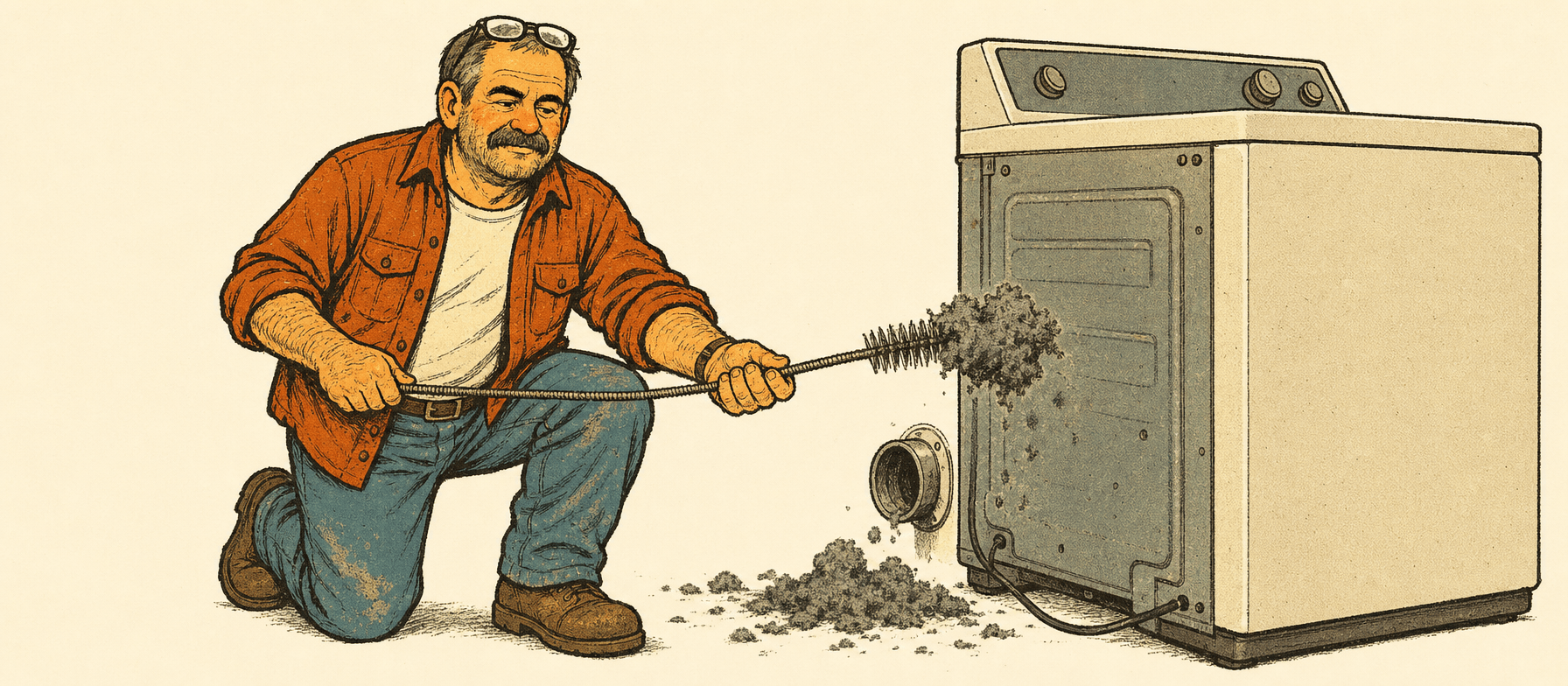 Marty pulling a lint-packed flexible brush out of the dryer vent duct behind the pulled-out dryer, a clump of gray lint in the brush
