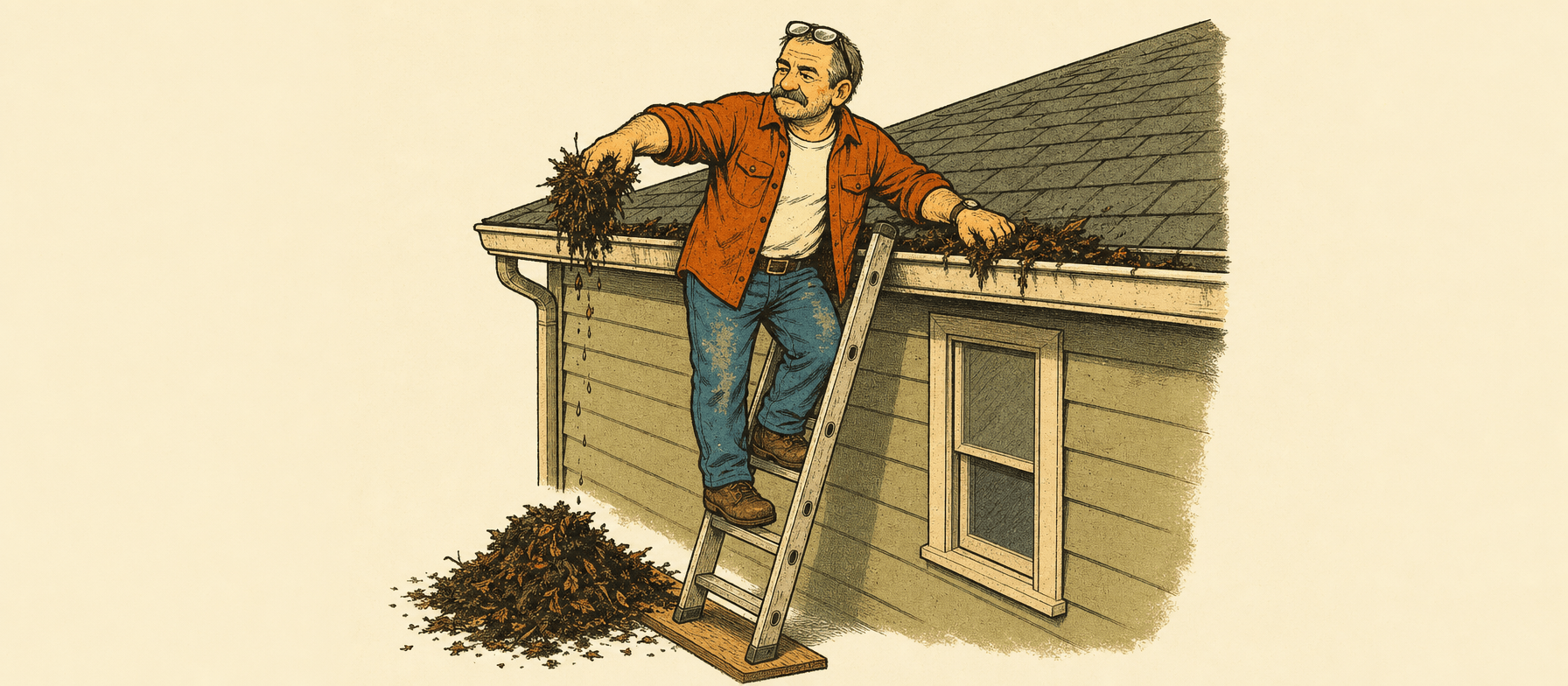 Marty near the top of a ladder scooping wet leaves out of the gutter, a pile of muck on the ground below