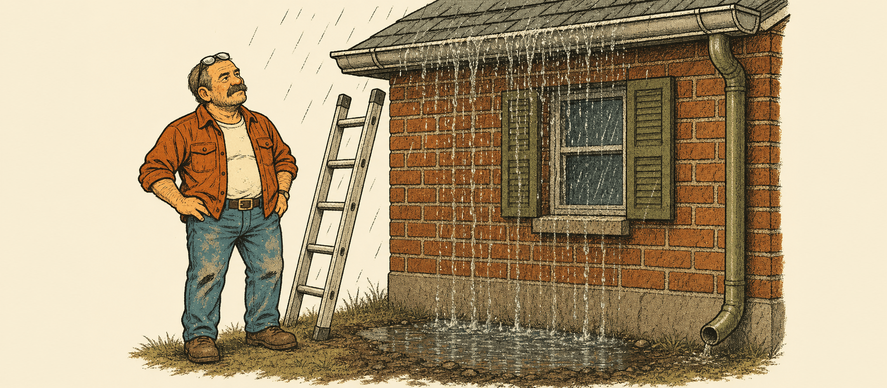 Marty at the foot of a ladder in the rain looking up at water sheeting over the front lip of the gutter and running down the brick behind it