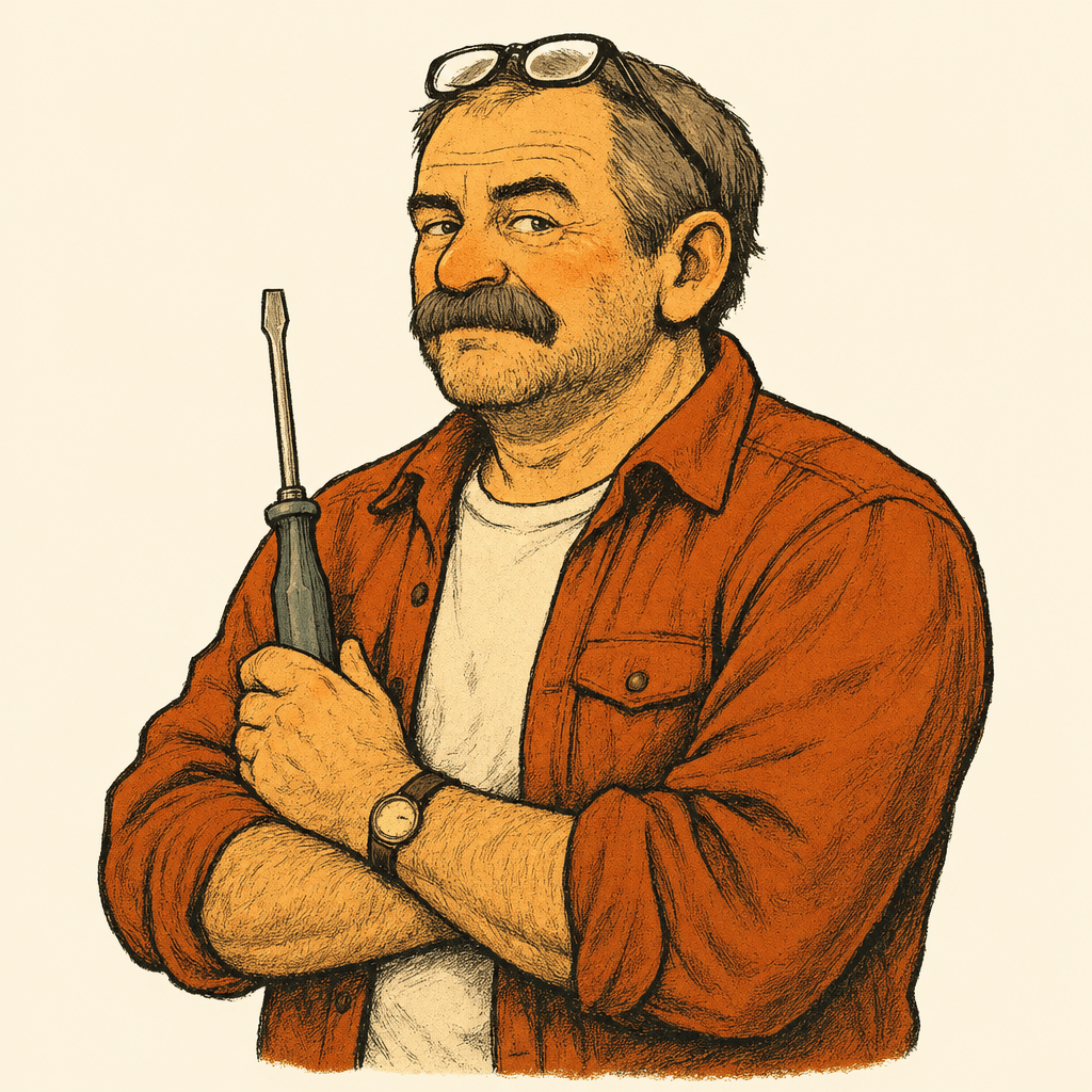 Marty Hobbs, arms crossed, holding a flathead screwdriver upright, reading glasses forgotten on his forehead