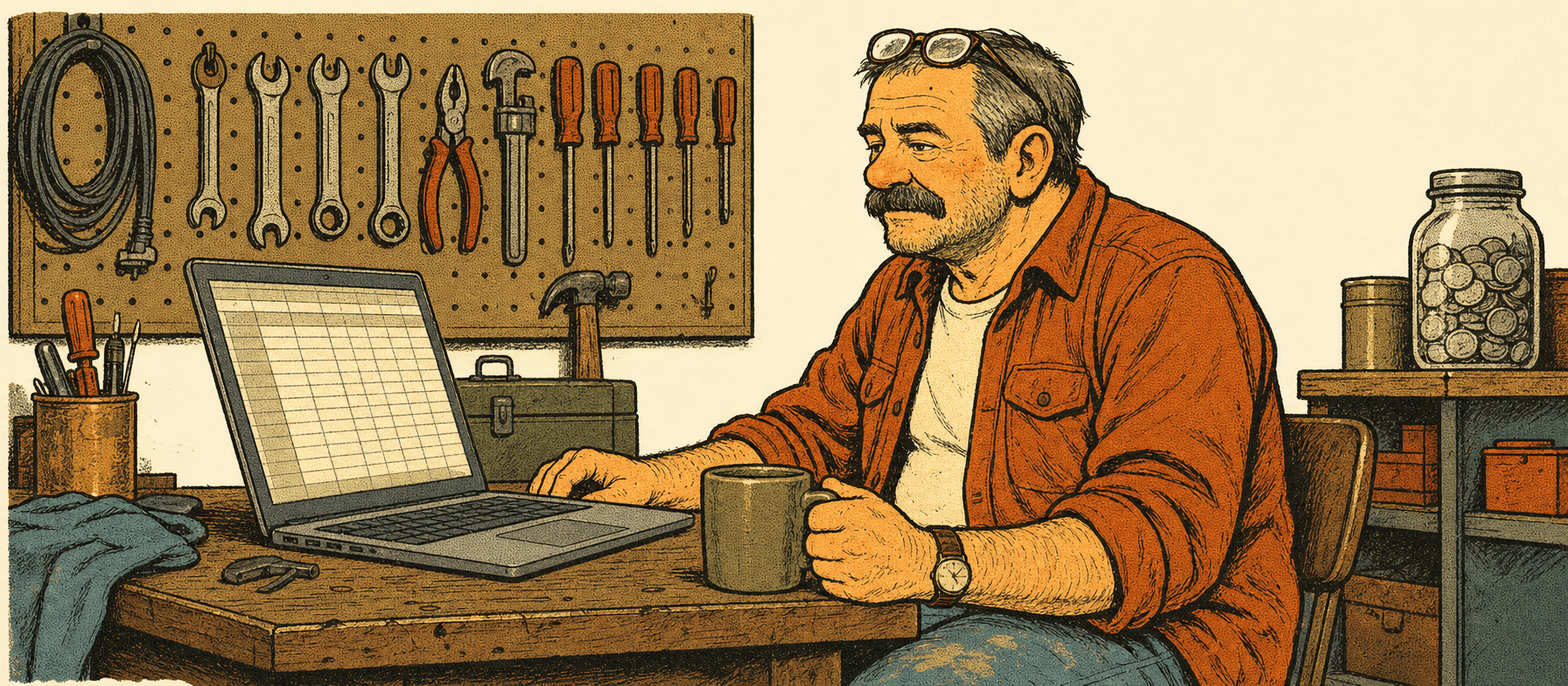 Marty at the garage workbench with the spreadsheet open on a laptop, pegboard of tools behind him, and the swear jar full of quarters on the shelf