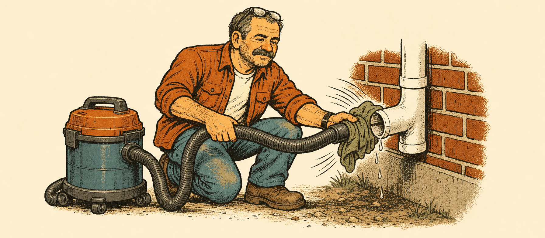 Marty crouched at the outside wall with the shop vac hose sealed to the condensate drain stub with a rag