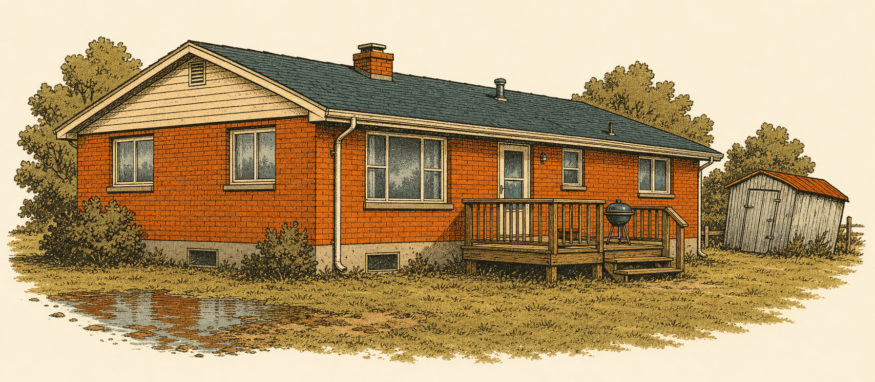 The 1978 brick ranch: crawlspace vents, the puddle in the back-left corner of the yard, the deck off the kitchen, and the leaning metal shed