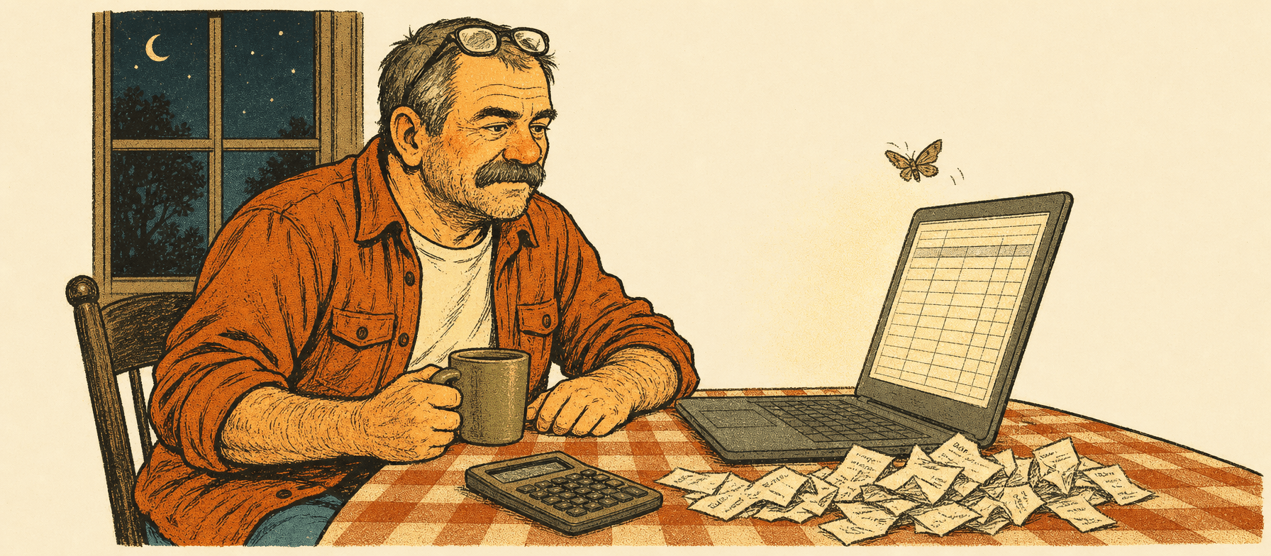 Marty at the kitchen table at night, the spreadsheet glowing on the laptop, a pile of receipts beside the calculator, one moth at the screen