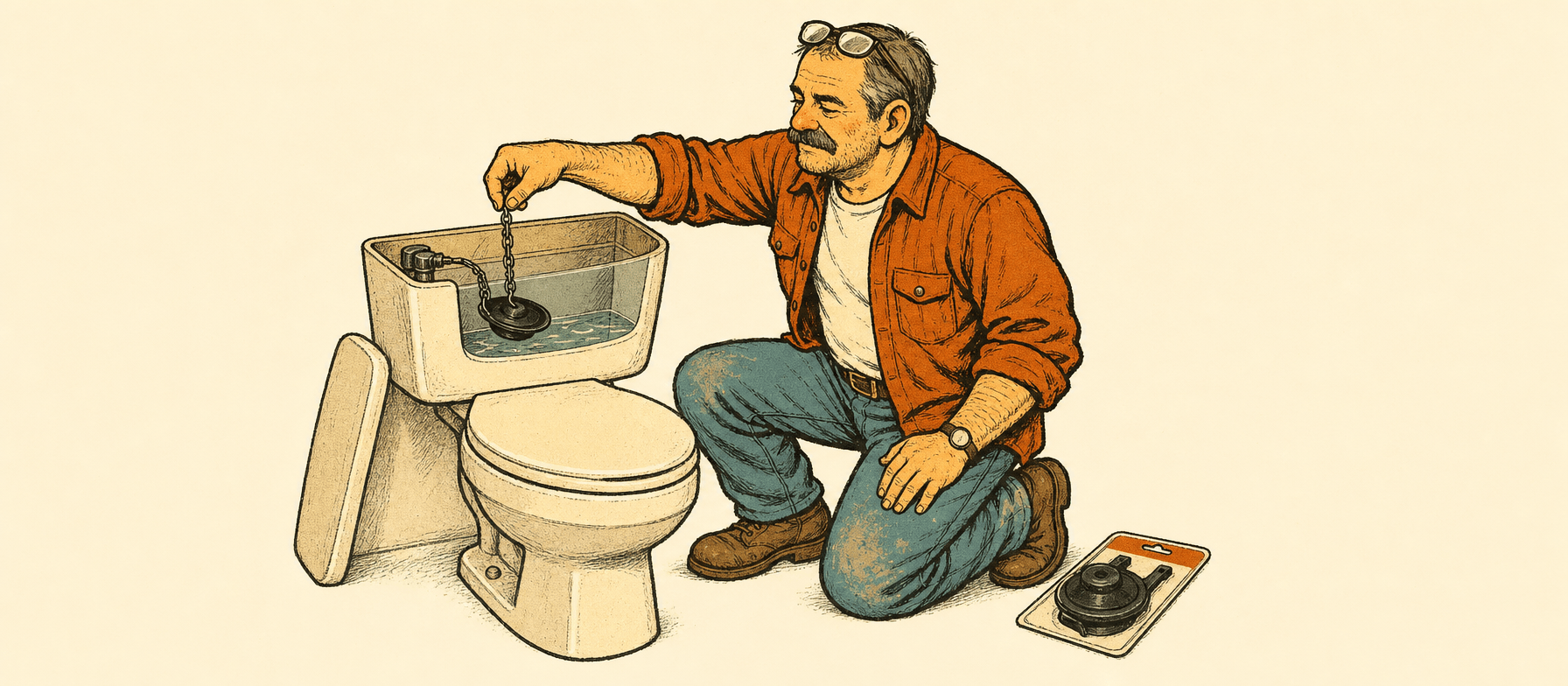 Marty kneeling beside the toilet with the tank lid off, lifting the old flapper out of the tank by its chain, a new flapper in its packaging on the floor