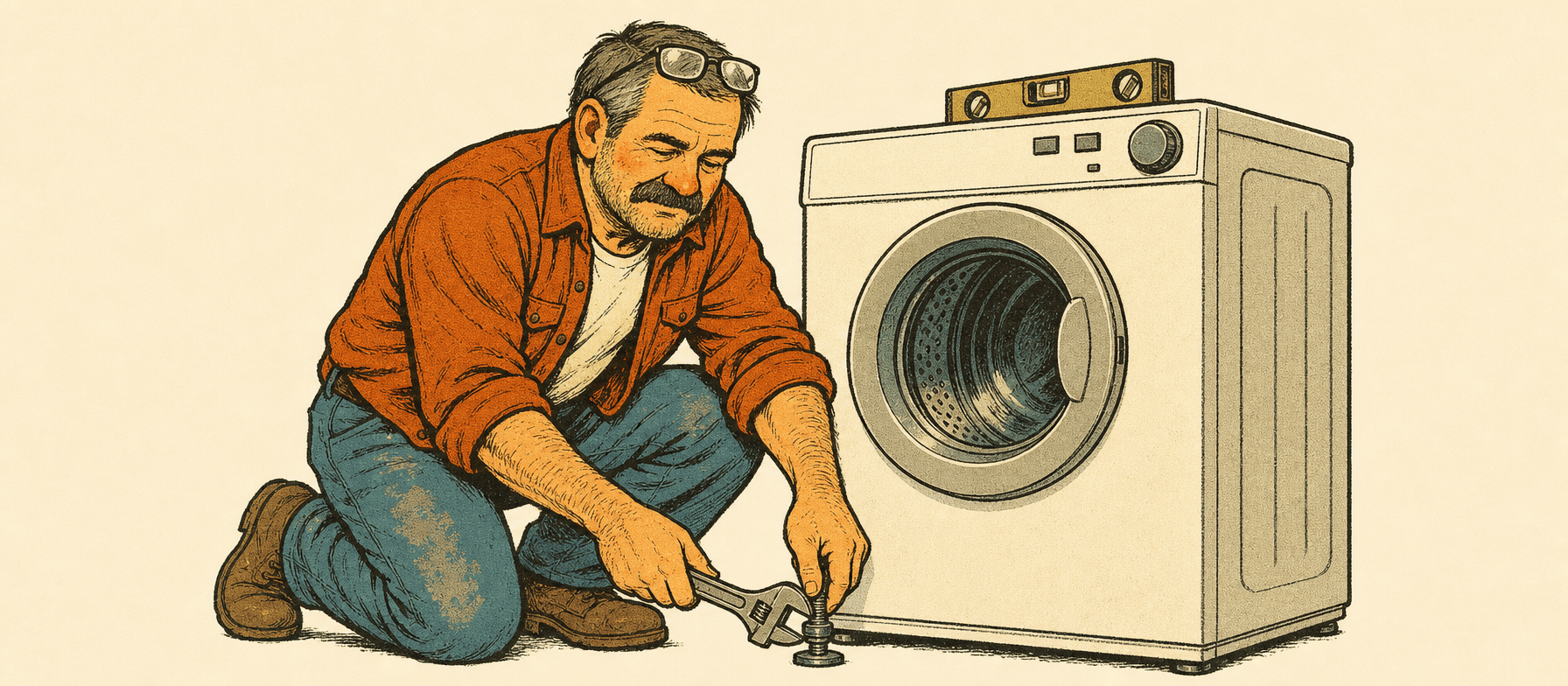 Marty kneeling at the front corner of a washing machine, a torpedo level on top, turning a leveling foot with an adjustable wrench